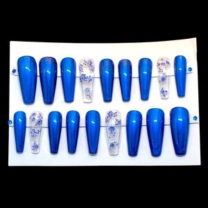 Handmade Press On Nails False Nails Long Coffin Full Set Blue Metallic F…